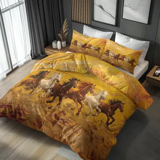 Generisch Pferde Bettwäsche 155x220 2er Set Mit Kunst Tiere Pferd Gelb Muster, Bettbezug Set Bügelfreie Bettwäsche Mit Reißverschluss, Kissenbezug, Pferde Deko