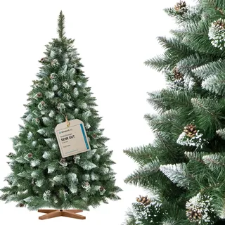FairyTrees Weihnachtsbaum künstlich 180cm Kiefer mit Christbaum Holzständer | Tannenbaum künstlich mit Natur-Weiss beschneit | Made in EU