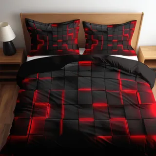 3D Bettwäsche 135 x 200 cm Schwarz Rot Geometrische Würfel, 2-Teiliges Bettwäsche-Set mit Reißverschluss, Weich & Bügelfrei Moderne Wendebettwäsche für Jugendzimmer & Schlafzimmer