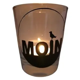 Teelicht Glas Windlicht Tischlicht Print schwarz mit Moin Möwe Herbst Handmade Unikat Maritim Geburtstag Ostern Muttertaggeschenk, Höhe 9cm,