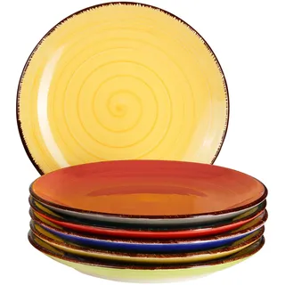 MamboCat 6-TLG. Teller-Set Malaga | Bunt | Kuchenteller Rund | Ø 19.5 cm | H 2.5 cm | Kleine Dessert-Teller | Steingut-Speiseteller | Handbemalt | Bicolor