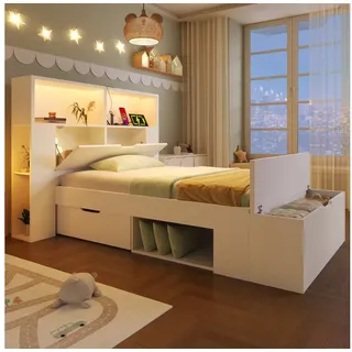 STILVORA Polsterbett 90x200 Stauraumbett mit Bettbank Holzbett mit Stauraum®alen Weiß (Holzbett, Funktionsbett, 1-tlg., L-Kopfteil mit Stauraumregal, für Kinder/Jugendzimmer), Bettbank mit Stauraum, mit USB-Ladeanschlüssen, Schubladen weiß 94 cm x 243 cm x 109 cm