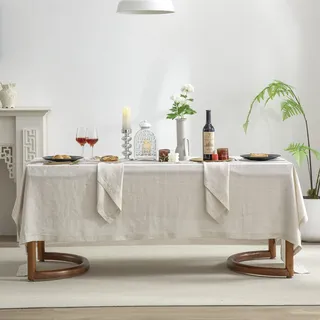 EVERLY Linen Hemstitch Tablecloth, 100% Stonewashed French Linen TableCloths for 6-Foot Rectangle Tables 60x84 Inches, Washable Thanksgiving Tablecloths, Decorative Halloween Table Cloth