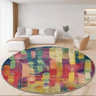 Runder Teppich 150 cm, Kurzflor Waschbar und Rutschfest, Weich Moderner Wohnzimmerteppich mit Abstrakten Farbblöcken im Distressed-Look, Faltbarer Bunter Teppich für Schlafzimmer Kinderzimmer