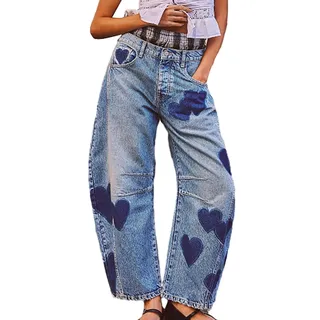Baggy Jeans Damen Mid Waist Jeanshosen Weites Bein Jeans Barrel Jeans mit Herz-Print Casual Lose Damenhose Freizeithose Wide Leg Denim Pants Y2K Style Blue Retro Distressed(XL) - XL