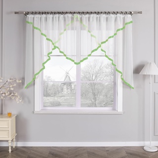 HongYa Kuvertstore transparenter Voile Gardine mit Satinbänder Kräuselband Vorhang H/B 120/450 cm Grün
