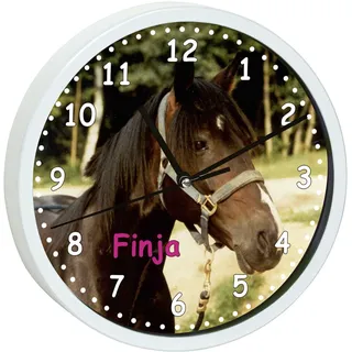 CreaDesign, Wanduhr Kinder personalisiert mit Name, Motiv Pferd Orignial, Rahmen Wanduhr weiß, Ø 19,5 cm