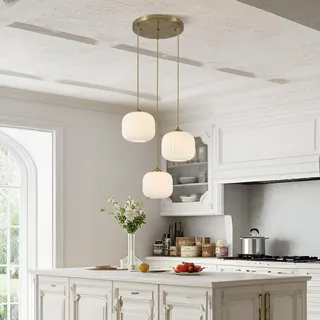 VTAMng Hängelampe mit Glaslampenschirm modern Esszimmer milchig weiß Kugel Kronleuchter Schlafzimmer 3 Lichter verstellbar Scheunen Pendelleuchte Kücheninsel Leuchten geeignet für Flur Korridor