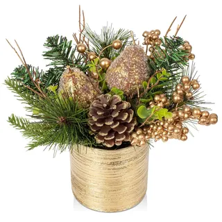 Oairse Mini Tabletop Weihnachtsbaum Kunstpflanze im Topf Weihnachtsdeko mit Birne und Tannenzapfen, für Weihnachtsdekoration Wohnkultur Küche Esstisch, Dekopflanze Zimmerpflanze Tischdeko