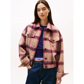Hemdjacke TOMMY JEANS "TJW WOOL TRUCKER JACKET", Damen, Gr. L (40), rosa (mystic pink, check), Web, Obermaterial: 52% Wolle, 32% Polyester, 16% Polyacryl, kariert, regular fit kurz, gerader Abschluss, Jacken, Materialmix, mit Wolle