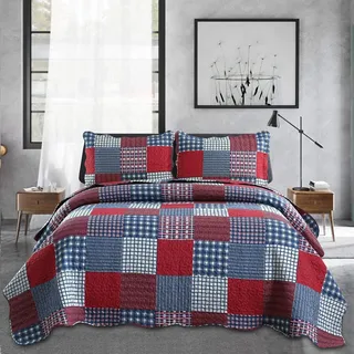 Jessy Home Steppdecke für Herren, Patchwork-Tagesdecke, wendbar, leicht, mit 2 Kissenbezügen, Rot/Blau