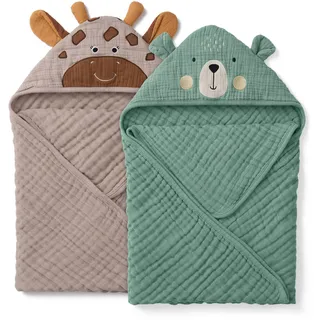 Blissful Diary Musselin Baby kapuzenhandtuch Baby, 2er-Pack,Weiche und Saugfähige Baby Handtuch Kapuze, Baumwolle Baby Badetuch Unisex, Babygeschenk, Baby-Basics, 81x81cm, Bär & Giraffe