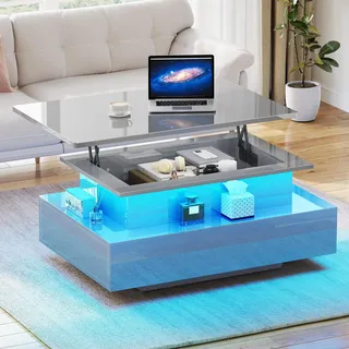 YITAHOME Couchtisch Hochglanz mit LED-Streifen, Couchtisch mit Ablagefläche für Wohnzimmer, moderner rechteckiger Teetisch aus Holz mit 2 Schubladen