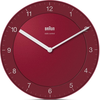 Braun Klassische Funkwanduhr Mitteleuropäische Zeitzone (MEZ/GMT+1) mit ruhigem Uhrwerk, leicht lesbarem Zifferblatt mit 20 cm Durchmesser in Rot, Modell BC06R-DCF.