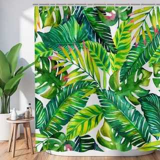 Hnmdmyi Duschvorhang Tropischer Blätter 180x200, Grüne Banane Palmenblätter Duschvorhänge Dschungel Pflanze Botanisch Badewanne Vorhang Wasserdicht Polyester Stoff Waschbar Badevorhang mit Haken