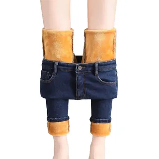 Osheoiso Damen Winterjeans Warme Jeans Hosen Plüsch Gefütterte Denim Hosen Mode Stretchy Winter Jeans Fleece Mädchen Thermojeans Straight Hose Weitem Lang Hose Vintage