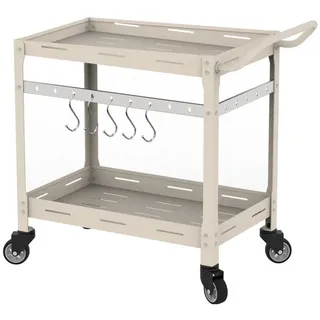 casa.pro Outdoor Servierwagen Bard Garten Rollwagen mit 2 Ablagen Stahl Indoor 72 x 77 x 38 cm Grillwagen mit 5 Haken Rollen mit Feststellbremsen Champagne