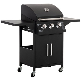 Outsunny Gasgrill BBQ mit 3 Brennern 3 kw mobiler Grillwagen mit Rädern Grillnetz Seitentischen Druckminderer, Schläuche Schrank Multifunktion