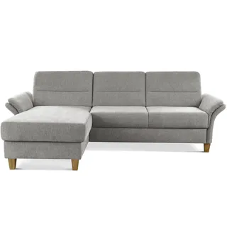 CAVADORE Eckcouch Wyk mit Federkern / Ecksofa im Landhaus-Stil mit Longchair und Holzfüßen / 252 x 90 x 162 / Chenille, Hellgrau