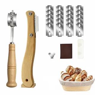 Bäckermesser 2er Set, Brotbäder Slashing Werkzeug, inkl. 20 Ersatzklingen Teigmesser Set für gerade und geschwungene Schnitte, Brotmesser zum Einschneiden von Baguette Brötch Brot Backen Zubehör