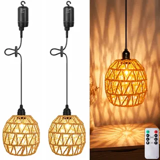 Boho Rattan Hängelampe,2 Stück Außen Innen Hängeleuchte,Batteriebetriebene Lampe Tragbare,Boho Korb Lampenschirm Pendelleuchte,Lampe Hängend,Hängeleuchte Rattan Mit Fernbedienung