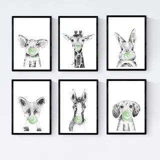 POSTER Set Mit 6 Tiere Babys Mit Kaugummi Schweinefleisch Girafa Kaninchen Fuchs Pferd Hunde A3 Rahmenlos