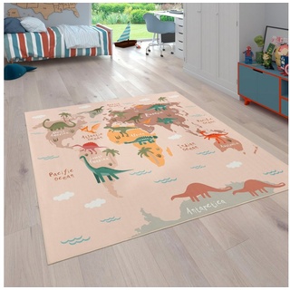 Kinderteppich Bino 583, Paco Home, rechteckig, Höhe: 4 mm, Spielteppich, Motiv Weltkarte & Dinosaurier, Kinderzimmer beige 140 cm x 200 cm x 4 mm