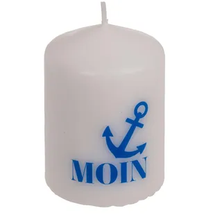 ReWu Stumpenkerze Kerze Echtwachskerze Moin Weiß/Blau Maritim Anker Wohndekoration Geschenkidee Haushaltskerze Spruchkerze 6 x 8 cm