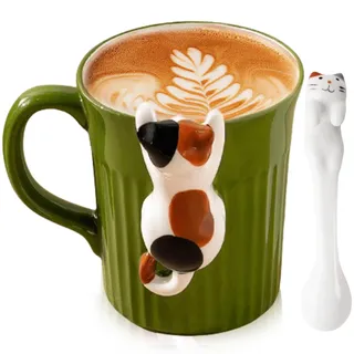 Japanischen stil Katze Becher, Süße Tasse Katze Personalisiert Katzentasse Lusting mit Hängender Löffel, Katzen Tasse Geschenke für Frauen Männe, Katzenliebhaber, Kinder, 350ml (TricolorKatze)