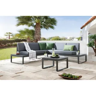 Ambia Garden Loungegarnitur, Anthrazit, Dunkelgrau, Metall, Glas, Textil, Füllung: Schaumstoff, L-Form, 220x219 cm, Loungemöbel, Gartenlounge-Sets
