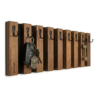 Lamellen Schlüsselbrett Garderobenleiste Holz, Eiche, Hakenleiste, Kleiderhaken, Wandhaken, Edelstahl, Wandgarderobe, Garderobenpaneel, für Flur, Kinderzimmer, Schlafzimmer (60cm 10 Haken Braun)