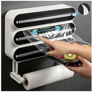 QUBEBU Wandrollenhalter 4-in-1 Küchenrollenhalter für Frischhaltefolie Alufolie Küchenpapier, (Frischhaltefolienspender mit Cutter, Haken, Magnetisch & ohne Bohren, Küchenrollenhalterung Alufolienspender Folienschneider Folienspender), Messerscharfe Klingen, Leichtläufiger Schieber für Sauberes Schneiden schwarz