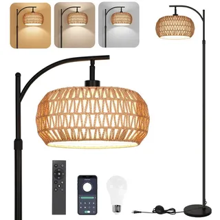 Lapamax LED Stehlampe Dimmbare Stehlampe Wohnzimmer Vintage Standleuchte mit Fernbedienung, App-Steuerung Rattan Stehleuchte Leinen Lampenschirm Bogenlampe Büro schwarz
