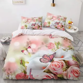 Luowei Bettwäsche 200x200cm Rosa Rose&Schmetterling Blüten Bettbezug Set 3 Teilig Weiche Microfaser Vintage Floral Blumen Bettbezug mit Reißverschluss und 2 Kopfkissenbezüge 80 x 80cm