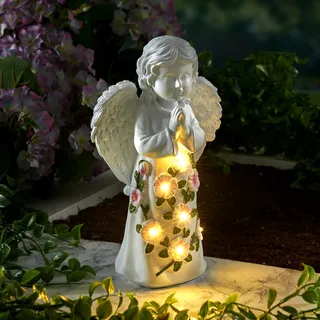 3 PAGEN® Solar Engel mit Blumen - LED Schutzengel - Grabdekoration mit Solarleuchten Fairy Engel – Grabdeko & Grablicht – wetterfest & langlebig – 24,5 x 13 x 8 cm