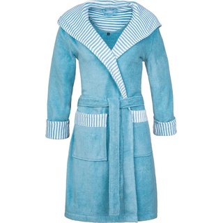Esprit Damenbademantel Day, Kurzform, Microfaser-Webfrottier, Kapuze, Gürtel, mit Kapuze, gestreiften Akzenten & Logostickerei, kurz blau XS