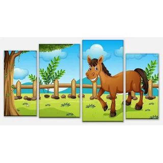 wandmotiv24 Mehrteilige Bilder Pferde auf der Wiese, Kinder Motive (Set, 4 St), Wandbild, Wanddeko, Leinwandbilder in versch. Größen grün 180 cm x 100 cm x 1.8 cm
