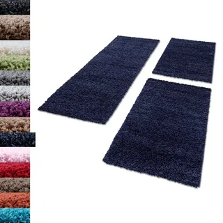 Carpettex Bettumrandung Schlafzimmer 3teilig Shaggy Teppich Hochflor Einfarbig Marineblau Bettset:2 mal 80x150 + 1 mal 80x250 - Bettvorleger Schlafzimmer Läuferset Flauschiger Bettumrandung Teppich