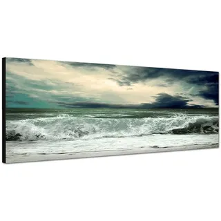 Wandbild auf Leinwand als Panorama in 120x40 cm Leinwandbild am Strand, wo sich Wellen bei Sturm brechen! Meer Wellen Sturm Wolkenhimmel! Kein Poster!!!