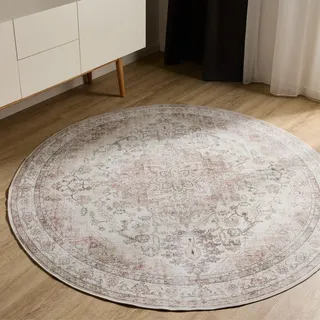 benuta Basic Waschbarer Teppich George - Rosa/Beige 120 cm rund - Kunstfaser - rund & im Style: Vintage, Elegant, Retro - Pflegeleicht für Wohnzimmer Schlafzimmer