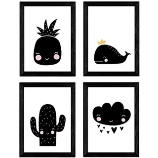 POSTER Set mit 4 von Cactus, Wal, Ananas und Wolke A4 Rahmenlos