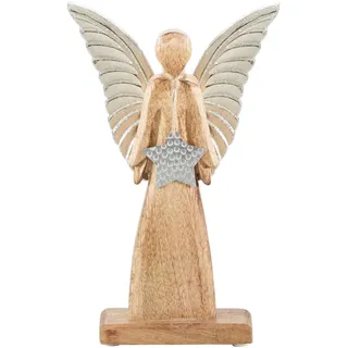 X-Mas Dekoengel, Braun, Silber, Holz, Metall, Mangoholz, Hartholz, Uni, Engel, 15.5x27x6.5 cm, Handmade in India, zum Stellen, handgemacht, Dekoration, Weihnachtsdekoration, Winterdeko