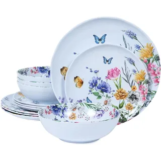 Lechoo 12-teiliges Melamin-Geschirr-Set – Teller und Schüsseln, florales Geschirr-Set, Frühlings-Campinggeschirr, für drinnen und draußen, Blumen- und Schmetterlingsmuster