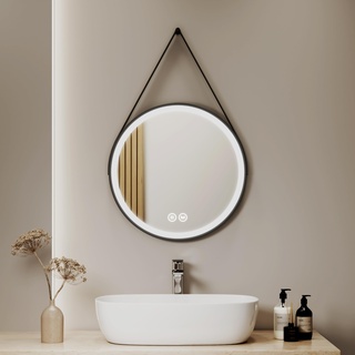 S'AFIELINA Badspiegel Rund 50cm Schwarz Badezimmerspiegel mit Beleuchtung Dimmbar LED Badspiegel Rund mit Touch Schalter 3 Lichtfarbe Warmweiß Neutral Kaltweiß Lichtspiegel
