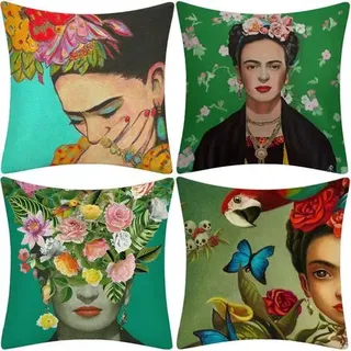 4-teiliger Frida Kahlo Selbstporträt Ölgemälde Baumwoll-leinen-kissenbezug Auto-, Sofa-, Couch-, Tagesdecke 45,7 X 45,7 Cm