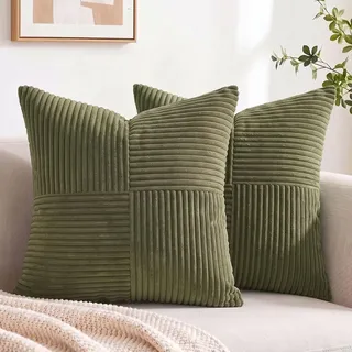 Set aus 2 Boho Kissenbezügen 65 x 65 cm in Olivgrün - Cordura mit Streifenmuster