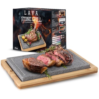 Artestia Extra großer Lavastein zum Kochen von Steak, heiße Steinplatten, Tischgrill, Grillplatte für Fleisch, BBQ Lava-Steaksteine mit Bambusplatte (34,7 x 22,7 cm)