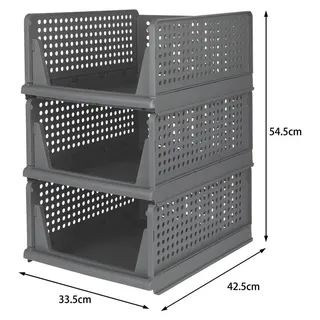 Kleider Aufbewahrungsbox Set 3-teilig - Faltbare stapelbare Kleiderschrank Box - Schubladen Organizer Größe L - Kunststoff PET+PE - Grau - Grau