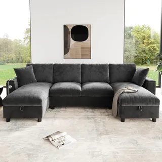 Merax U-Form Ecksofa mit Doppel-Chaiselongue & 2 Bettkästen, Modulare Wohnlandschaft inkl. USB & Typ-C Ladefunktion für Smart-Geräte, Couch mit Stauraum für Wohnzimmer, 279x135x84 cm, Grau