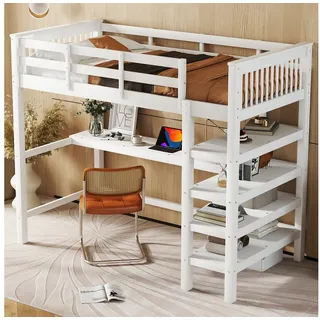 OKWISH Bett Stauraumbett Funktionsbett Hochbett, Betten für Zuhause (Gästebett Jugendbett Holzbett mit Ablagefächern und Unterbettschreibtisch, 90 x 200 cm), Ohne Matratze weiß